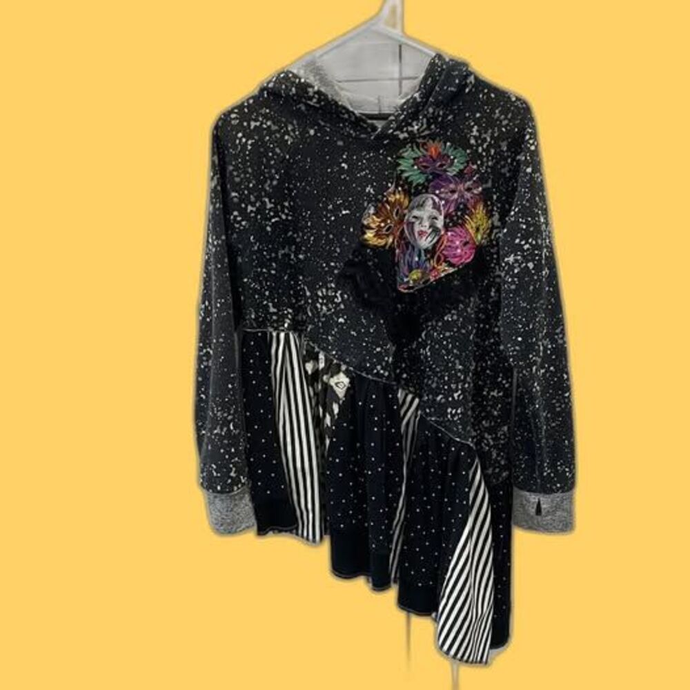 Black and White Hoodie / Tunic with Mardi Gras Masks and black lace appliqués
